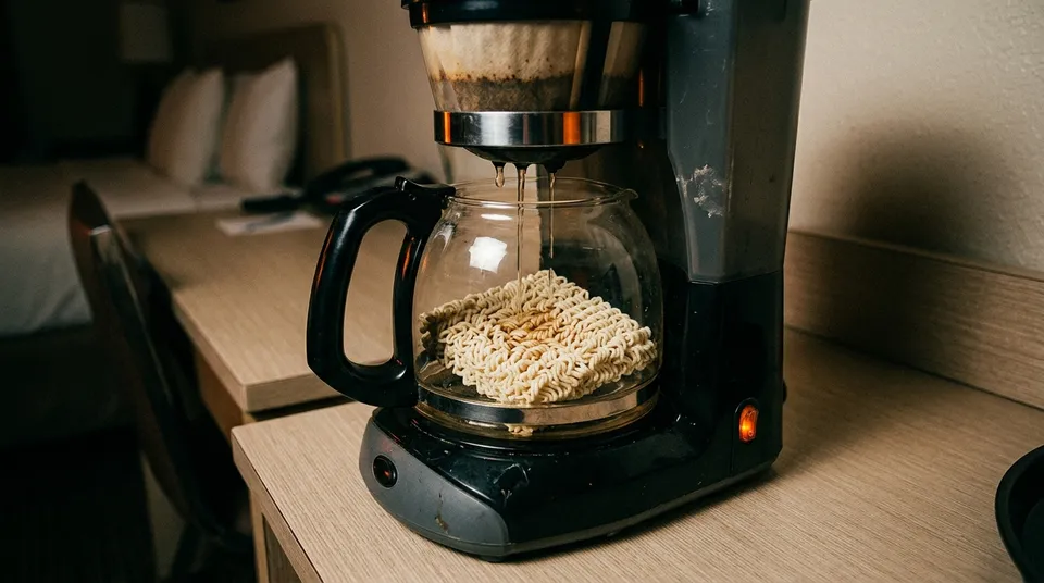 Instant noodles sitting in the glass carafe of a filter coffee machine