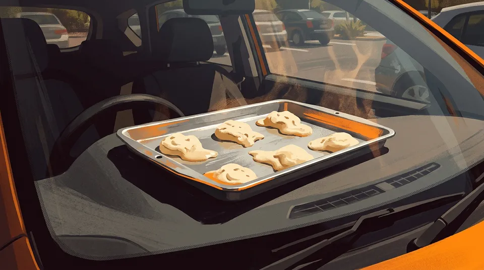 A tray of cookie dough rounds baking on a car dashboard in bright sunlight