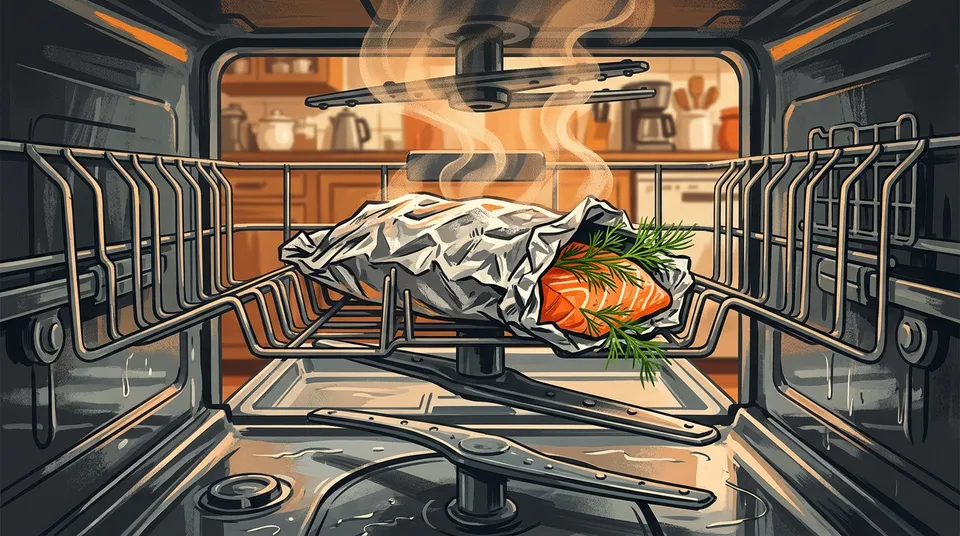 A foil-wrapped salmon parcel sitting on the top rack of an open dishwasher