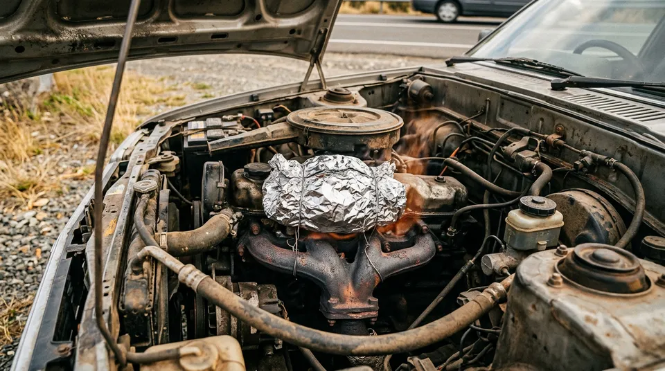 A foil-wrapped parcel of food strapped to a hot car engine block under an open bonnet