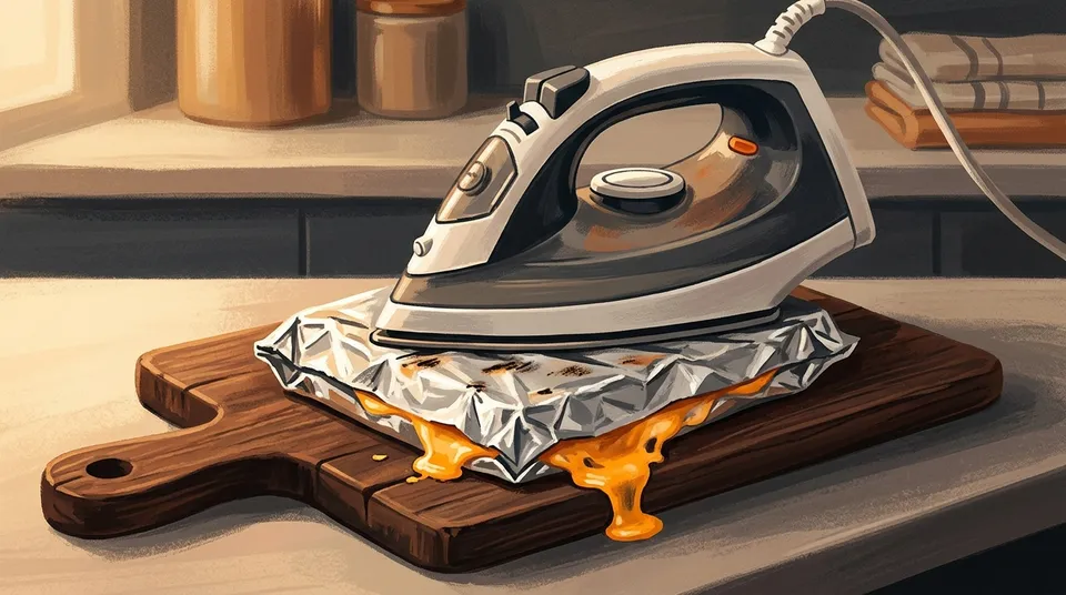 A foil-wrapped sandwich being pressed flat with a household clothes iron