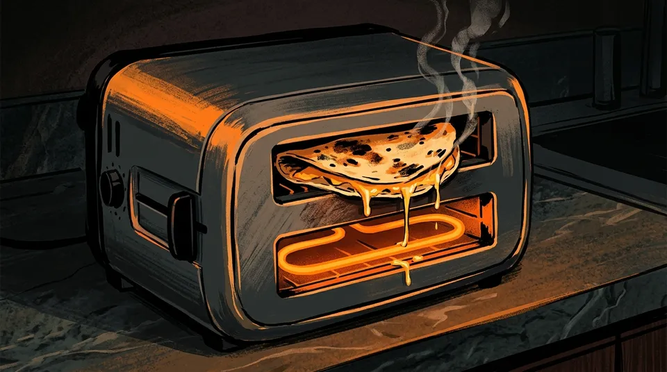 A toaster turned on its side with a cheese-filled tortilla resting inside the slot