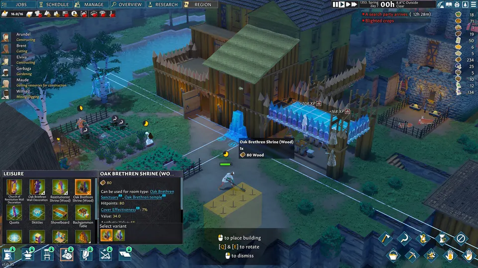 A hillside settlement in Going Medieval with timber buildings, farm plots and a defensive wall