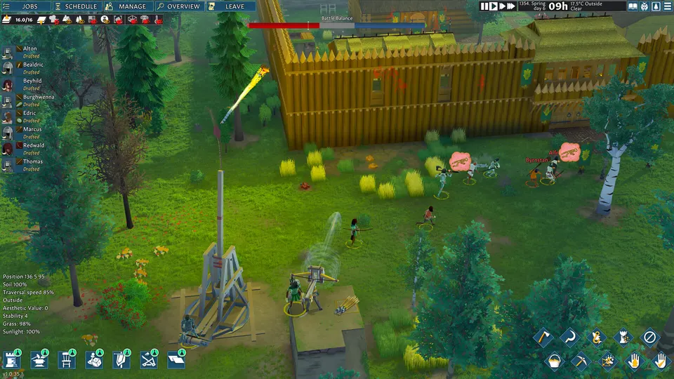 Raiders attacking a walled Going Medieval settlement while defenders fire from the walls