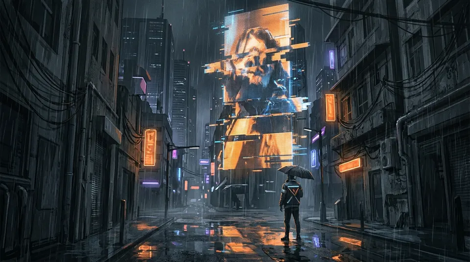 A neon-lit night city street in the rain with a glitching holographic advertisement