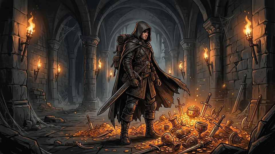 A hooded adventurer surrounded by glowing loot in a gothic dungeon lit by torches