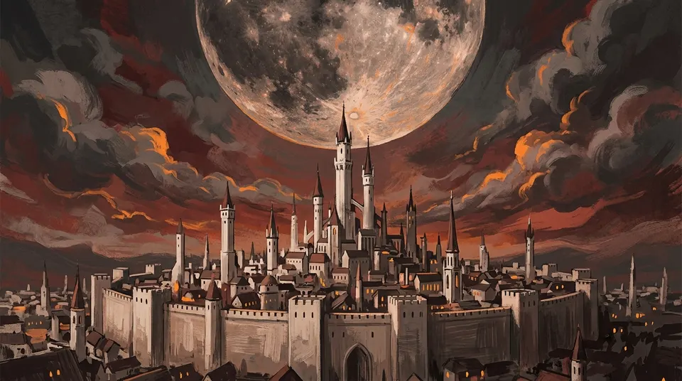 A fantasy city under a red sky with an enormous moon descending toward it