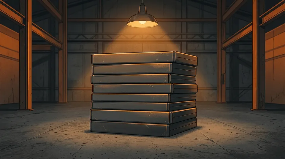A stack of blank video game cases lit by a single overhead lamp in a dim hangar