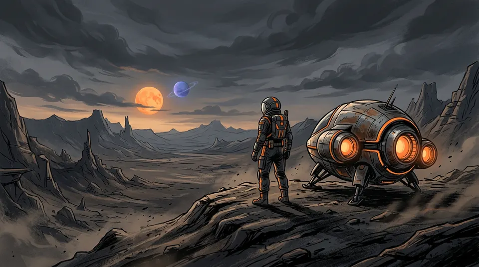 A lone explorer standing on an alien ridge under two coloured moons beside a small starship