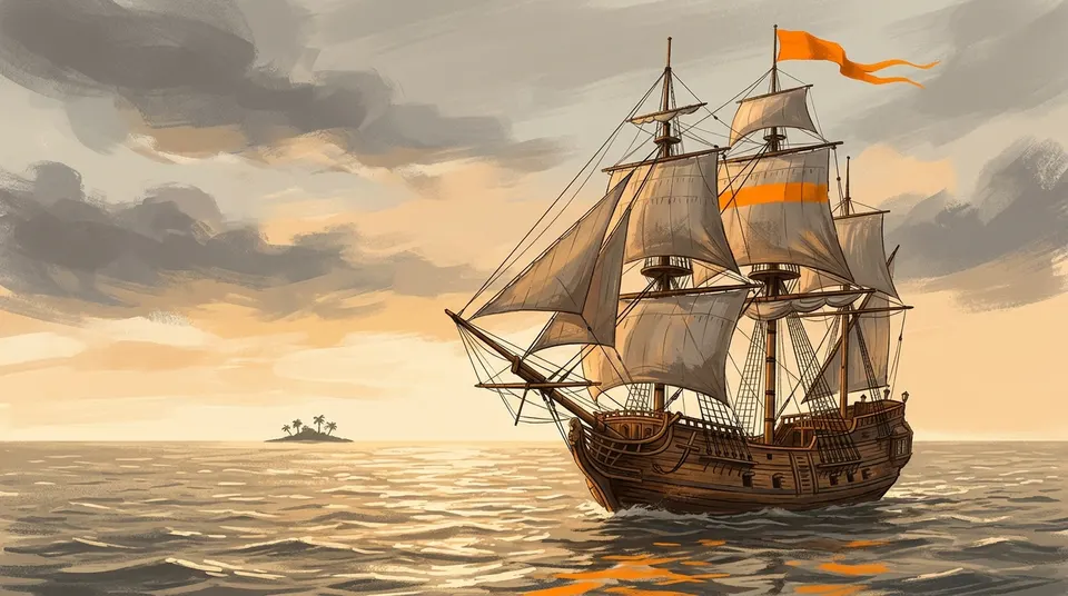 A pirate galleon on a bright empty ocean with a single small island on the horizon