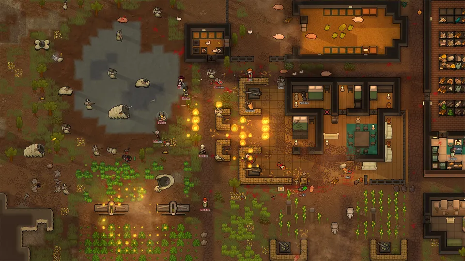 A large established RimWorld base with stockpiles, workshops and farmland under mountain cover