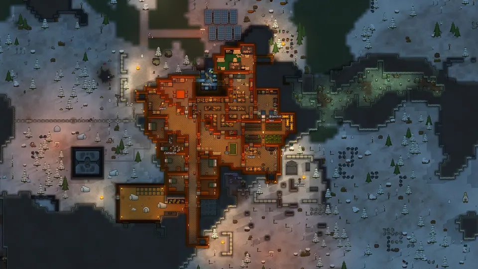A RimWorld colony seen from above with bedrooms, farms, a dining hall and defensive turrets